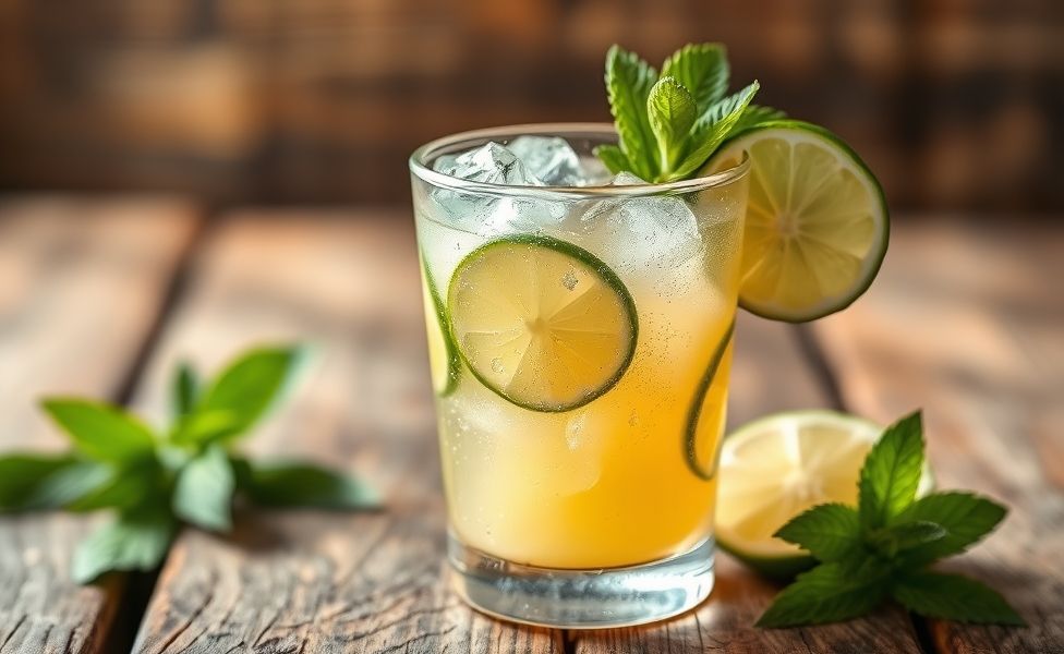 Caipirinha brasileira tradicional servida em copo baixo com gelo, limão e decorada com rodela de limão