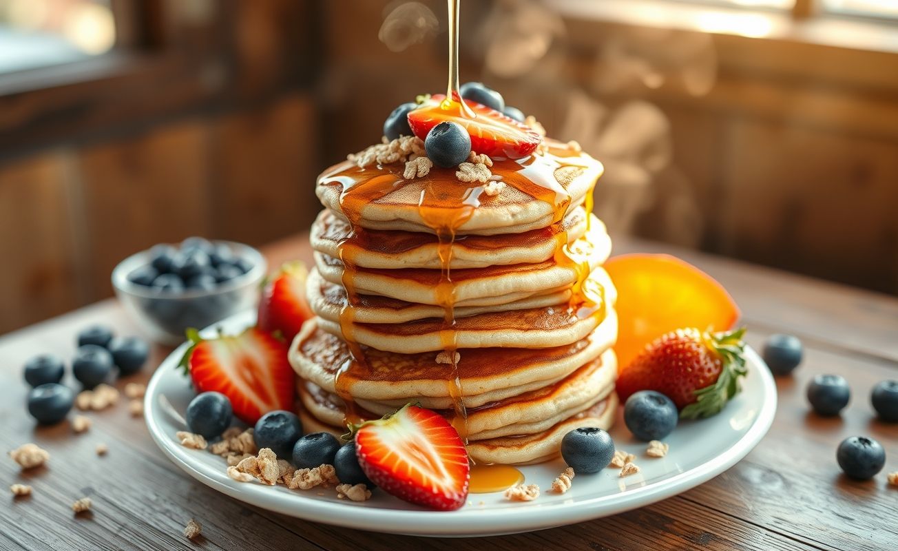 Pilha de Cereal Pancakes dourados com cereal crocante visível, coberto com maple syrup e frutas vermelhas frescas