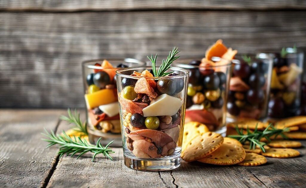 Charcuterie Cups individuais com camadas de queijos, frios, azeitonas, nozes e uvas em copos de vidro transparente