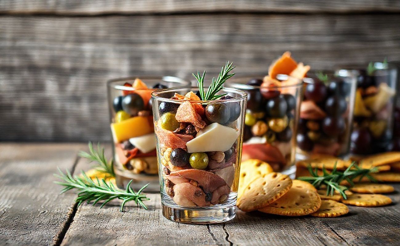 Charcuterie Cups individuais com camadas de queijos, frios, azeitonas, nozes e uvas em copos de vidro transparente