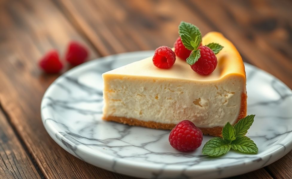 Fatia de cheesecake cremoso com base crocante de biscoito, decorado com framboesas frescas e folhas de hortelã em prato de mármore