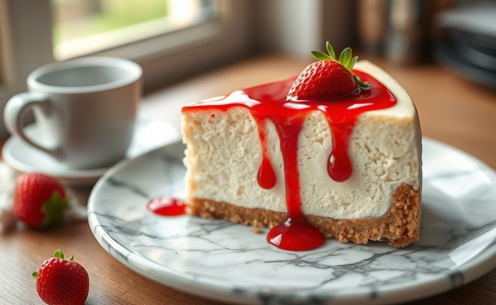 Fatia de Cheesecake de Morango com recheio cremoso branco, calda vermelha de morango e base crocante de biscoito
