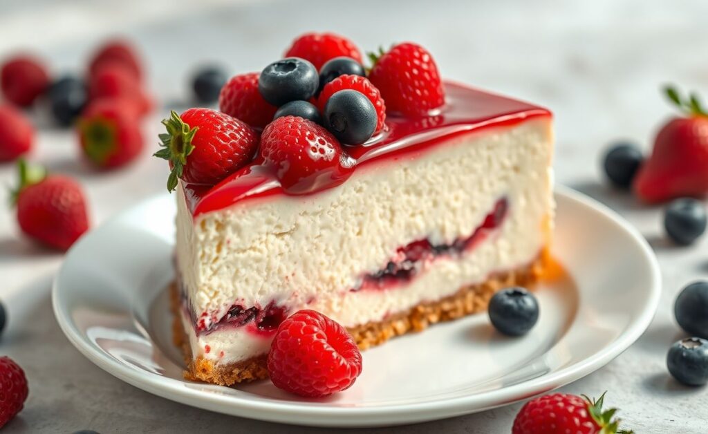 Fatia de Cheesecake de Morango cremoso com base crocante, calda vermelha e morangos frescos decorando