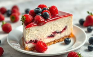 Fatia de Cheesecake de Morango cremoso com base crocante, calda vermelha e morangos frescos decorando
