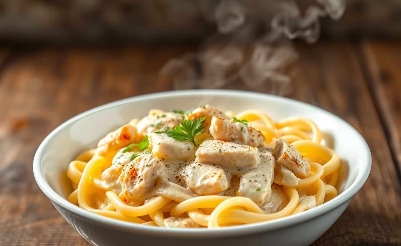 Prato de Chicken Alfredo cremoso com massa fettuccine, frango suculento e molho de parmesão, decorado com salsa fresca