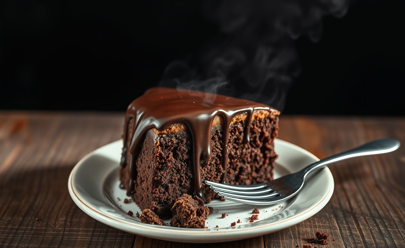 Fatia de Chocolate Cake com glacê de chocolate brilhante escorrendo pelas laterais, sobre prato branco em mesa de madeira
