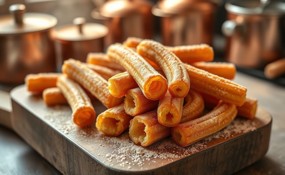 Churros dourados polvilhados com canela e açúcar, dispostos em tábua de madeira rústica, alguns partidos ao meio mostrando interior macio