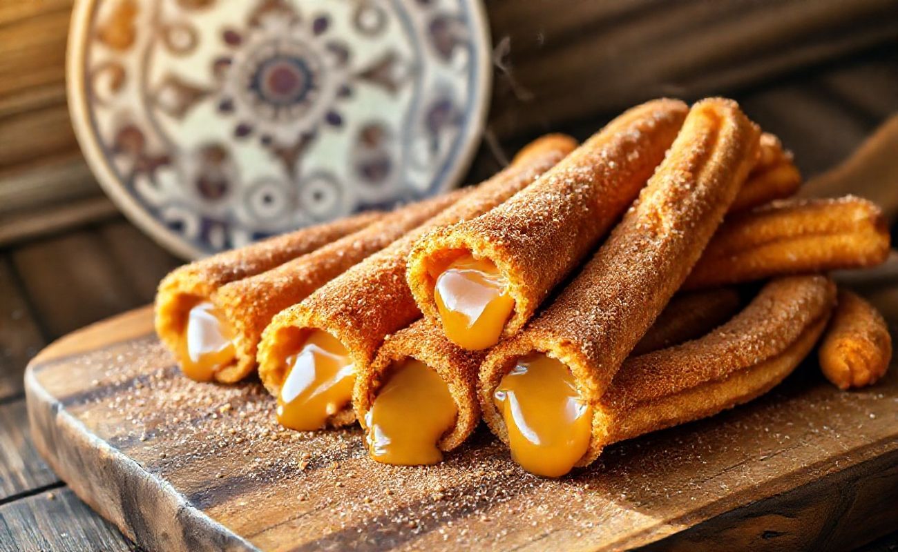 Churros dourados polvilhados com canela e açúcar, alguns cortados ao meio mostrando recheio de doce de leite cremoso