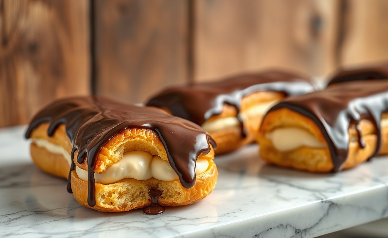 Éclairs franceses com cobertura brilhante de chocolate e recheio cremoso visível, dispostos elegantemente em base de mármore