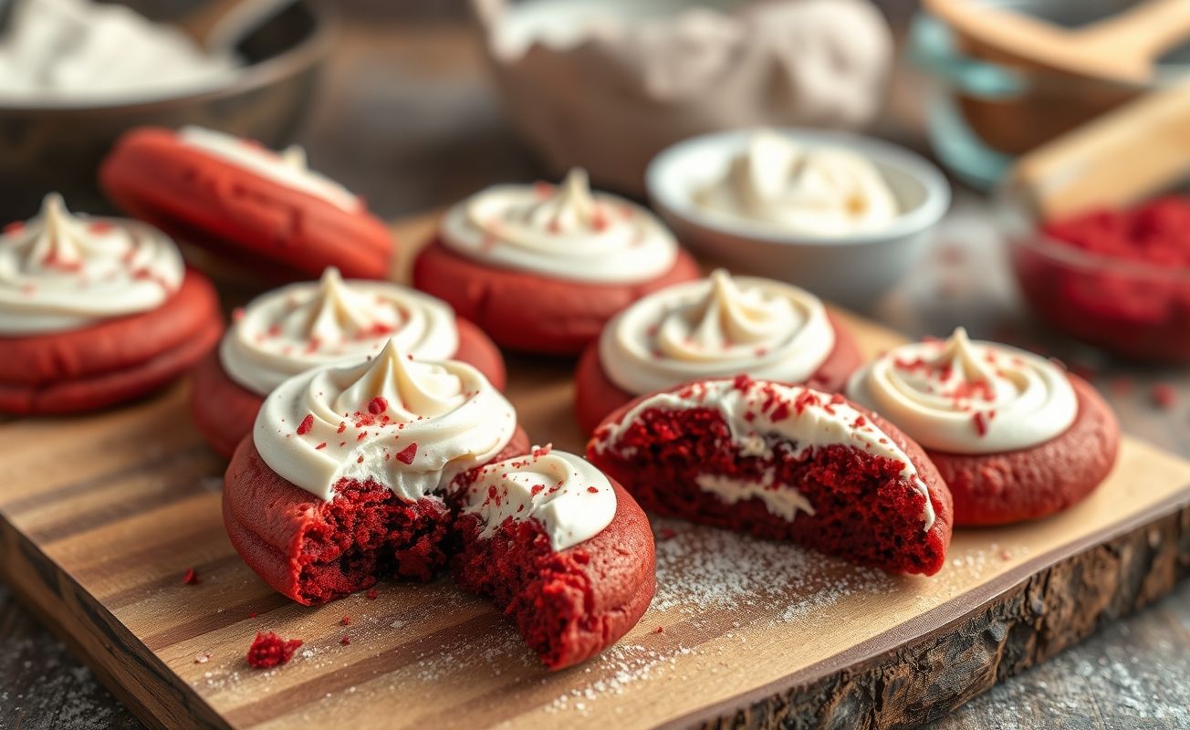 Cookie Red Velvet caseiro com cobertura de cream cheese, mostrando textura crocante e interior macio em tom vermelho vibrante