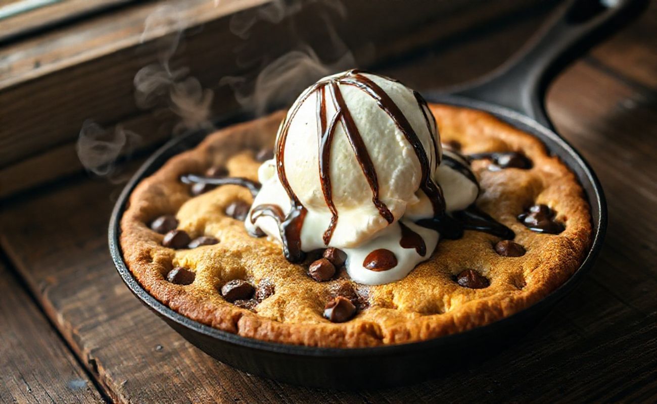 Cookie Skillet servido em frigideira de ferro com sorvete de baunilha derretendo e calda de chocolate, bordas douradas e centro macio