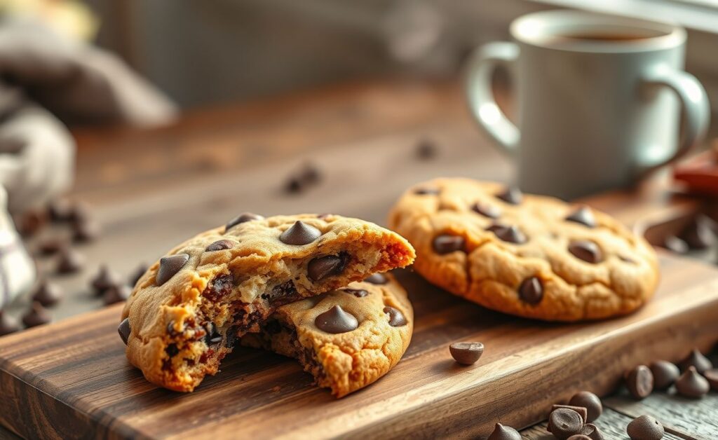 Cookies de Chocolate recém-saídos do forno com gotas derretidas, crosta dourada e textura perfeita em tábua de madeira rústica