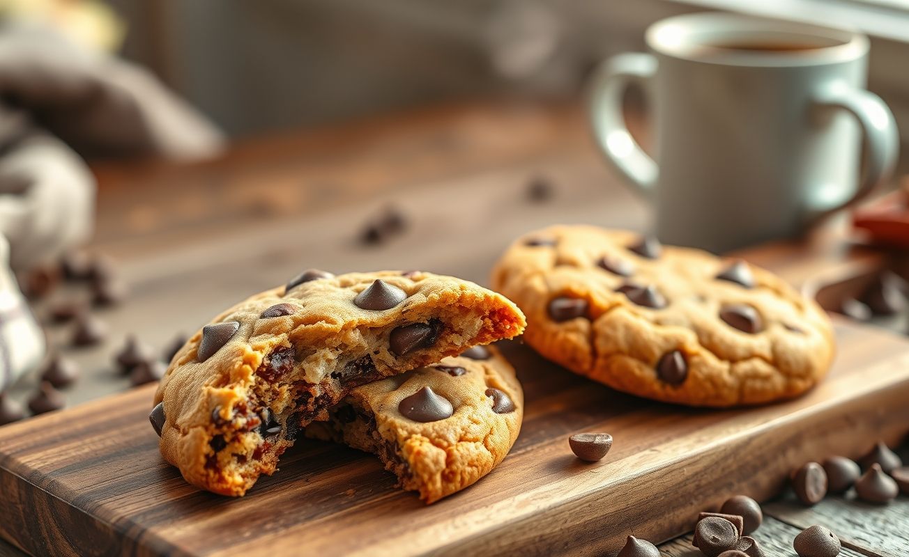 Cookies de Chocolate recém-saídos do forno com gotas derretidas, crosta dourada e textura perfeita em tábua de madeira rústica