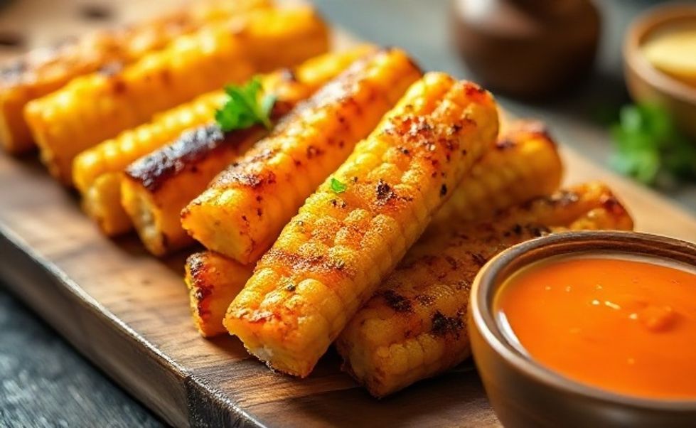 Corn Ribs assadas douradas com temperos, dispostas em tábua de madeira rústica com molho para acompanhar