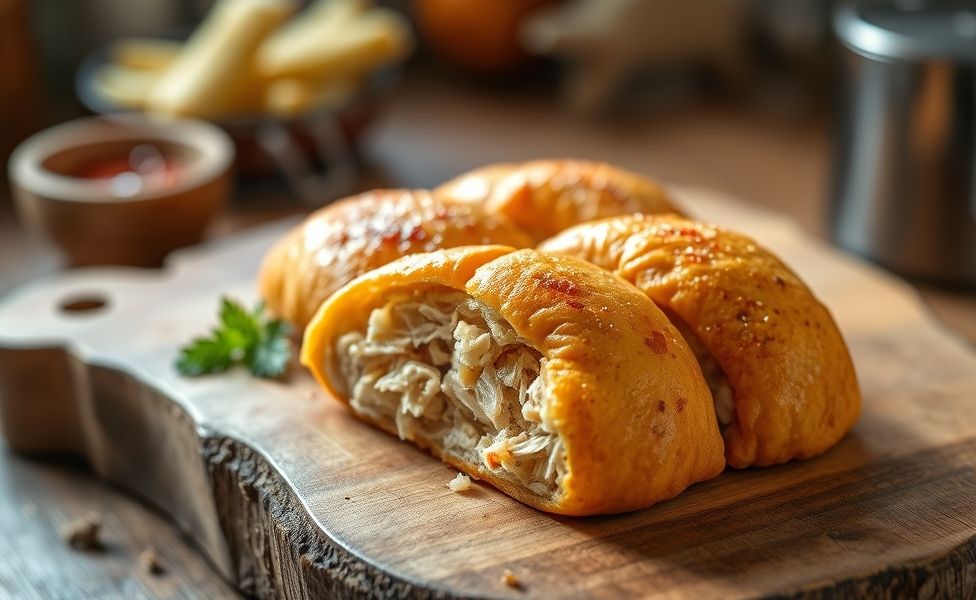 Coxinha brasileira dourada e crocante em formato de gota, com recheio de frango visível, servida em tábua de madeira rústica