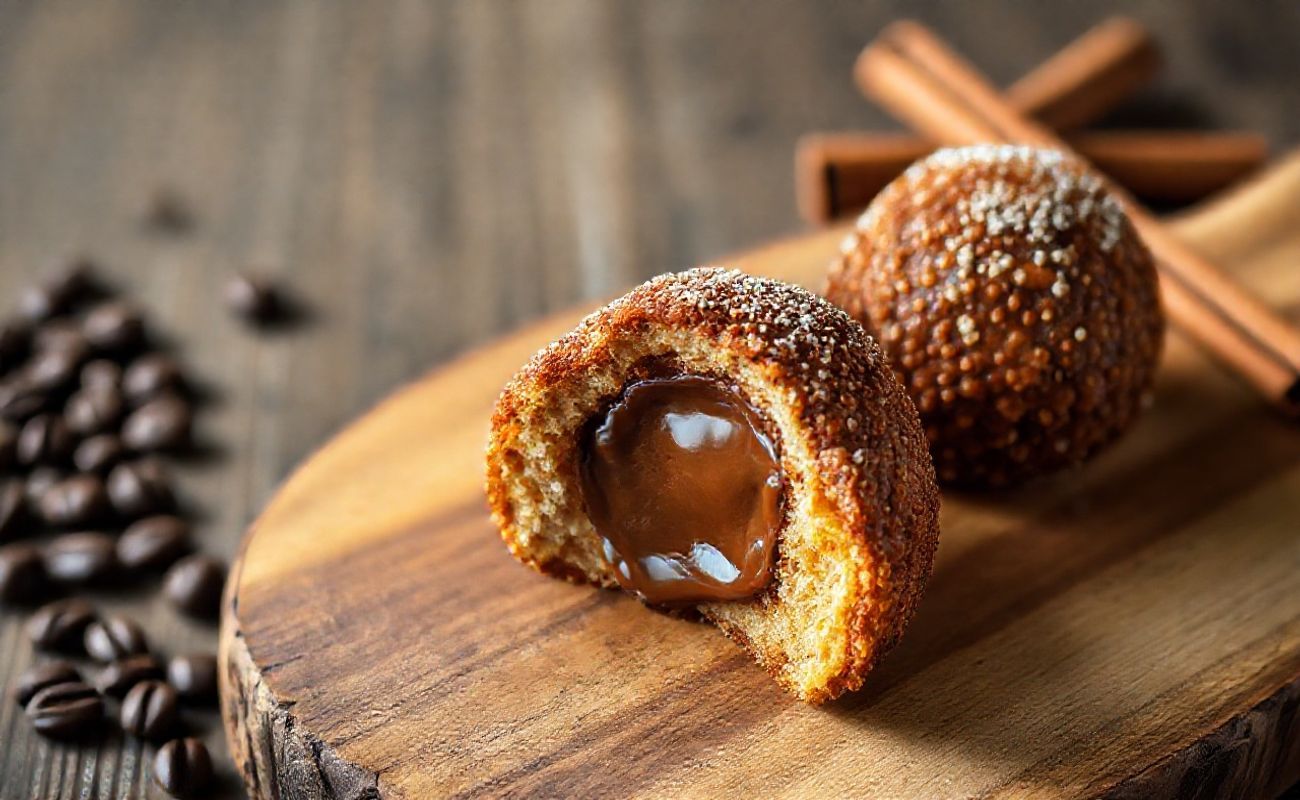 Coxinha de Brigadeiro frita dourada com recheio de chocolate cremoso visível, decorada com granulados coloridos
