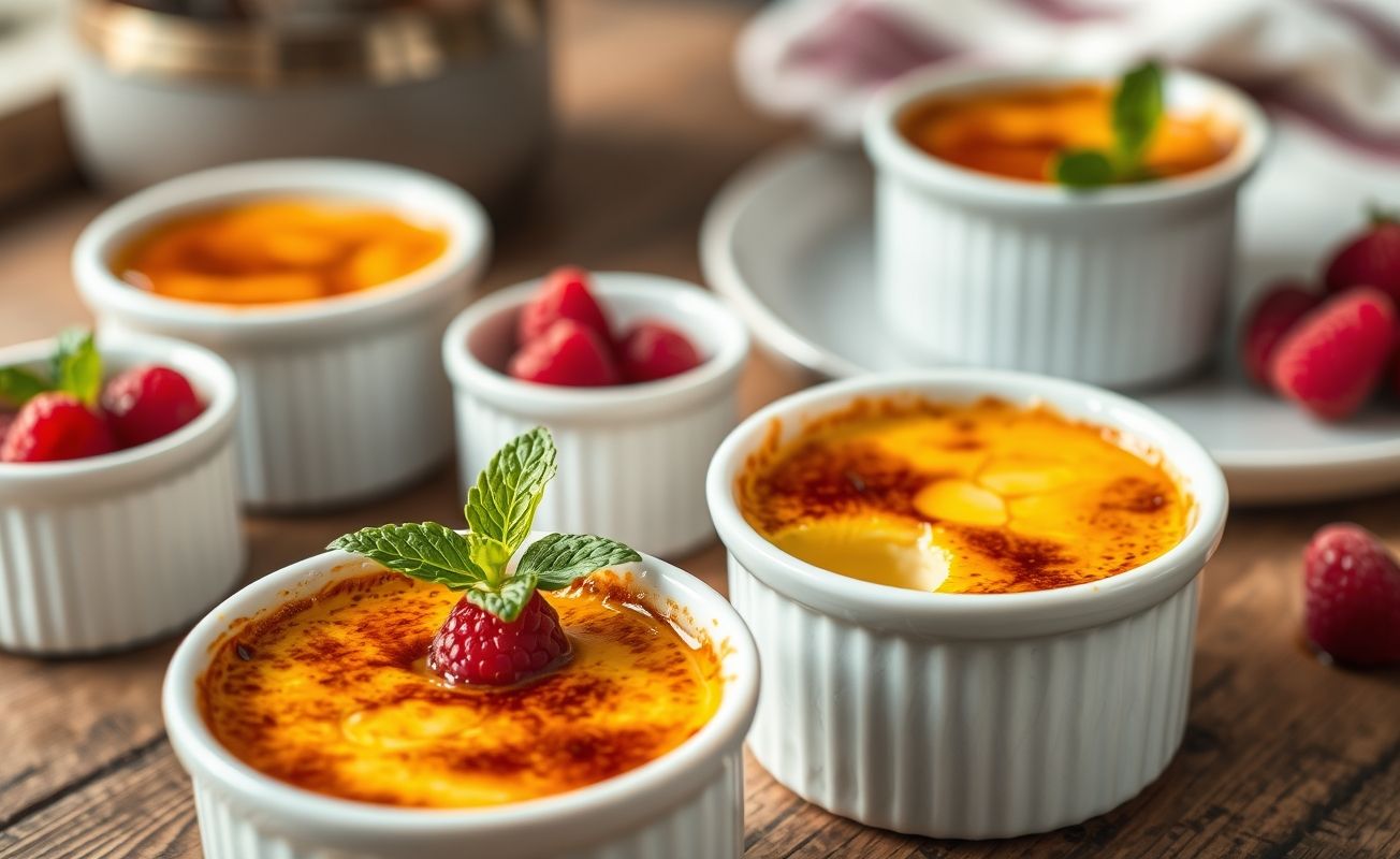 Creme Belga em ramequim com crosta dourada caramelizada, mostrando textura cremosa e decorado com framboesas