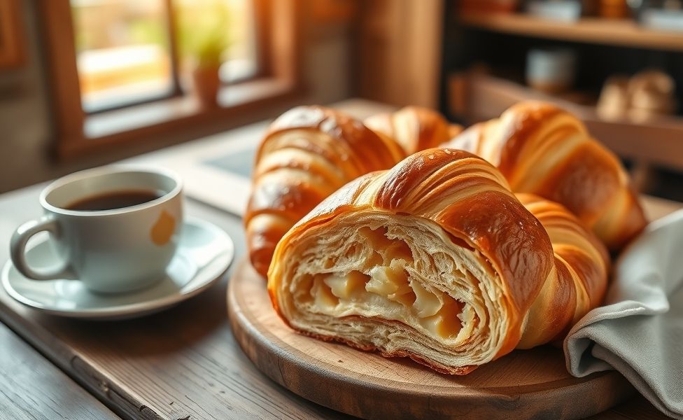 Croissants artesanais dourados com camadas visíveis, dispostos em bandeja de madeira com luz natural destacando textura folhada