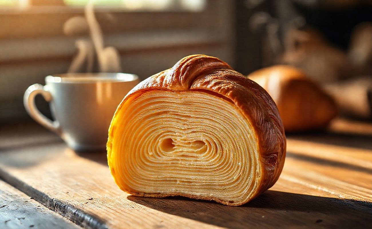 Croissant Cube recém-assado com camadas douradas visíveis em corte transversal, textura amanteigada e crocante em mesa rústica