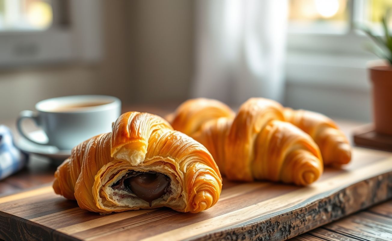 Croissant de Chocolate Estilo TikTok recém-saído do forno, dourado e crocante com chocolate derretido visível, sobre tábua de madeira rústica