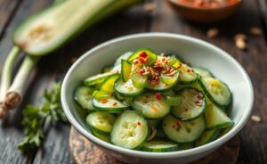 Cucumber Salad TikTok em tigela branca com fatias de pepino crocantes, molho asiático brilhante, sementes de gergelim e cebolinha fresca