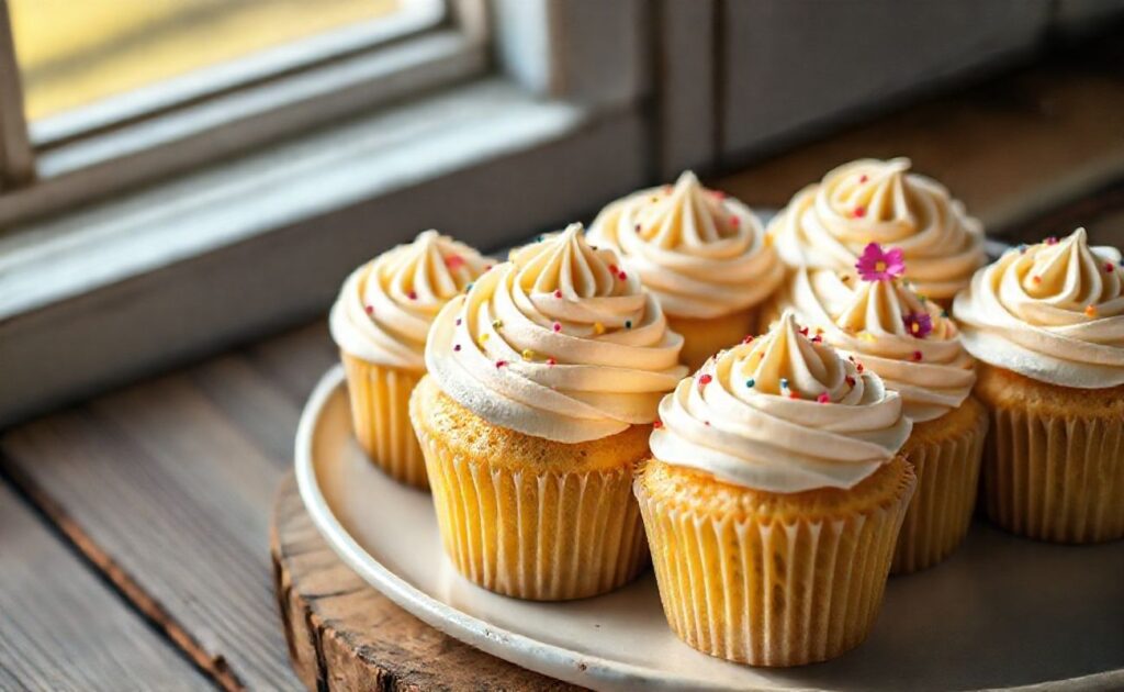 Cupcakes de baunilha com buttercream cremoso decorados com confeitos coloridos em fundo rústico de madeira
