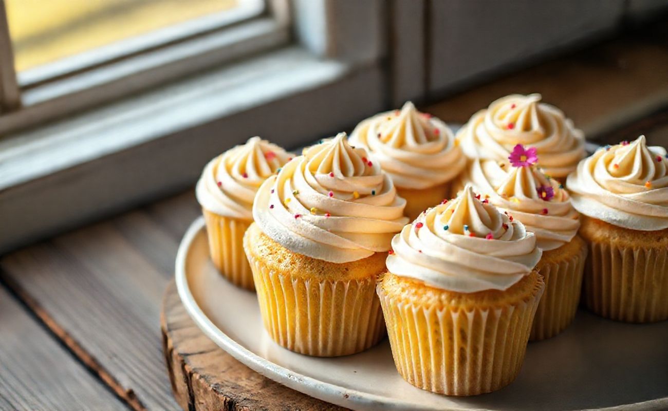 Cupcakes de baunilha com buttercream cremoso decorados com confeitos coloridos em fundo rústico de madeira