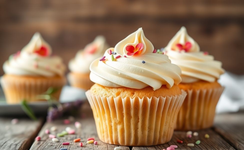 Cupcakes de baunilha com cobertura de buttercream branco decorados com confeitos coloridos em fundo rústico