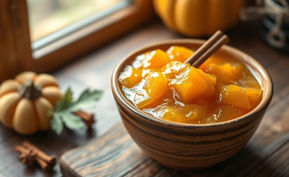 Doce de Abóbora tradicional em bowl de cerâmica, textura cremosa e cor dourada, com canela em pau decorando