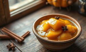 Doce de Abóbora tradicional servido em tigela de cerâmica, cor laranja dourado com calda brilhante, canela em pau e cravos visíveis