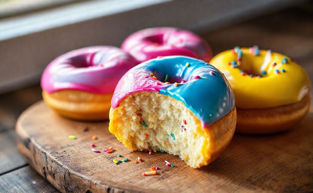 Donuts Coloridos caseiros com glacê rosa, azul e amarelo decorados com confeitos rainbow em disposição artística sobre tábua de madeira