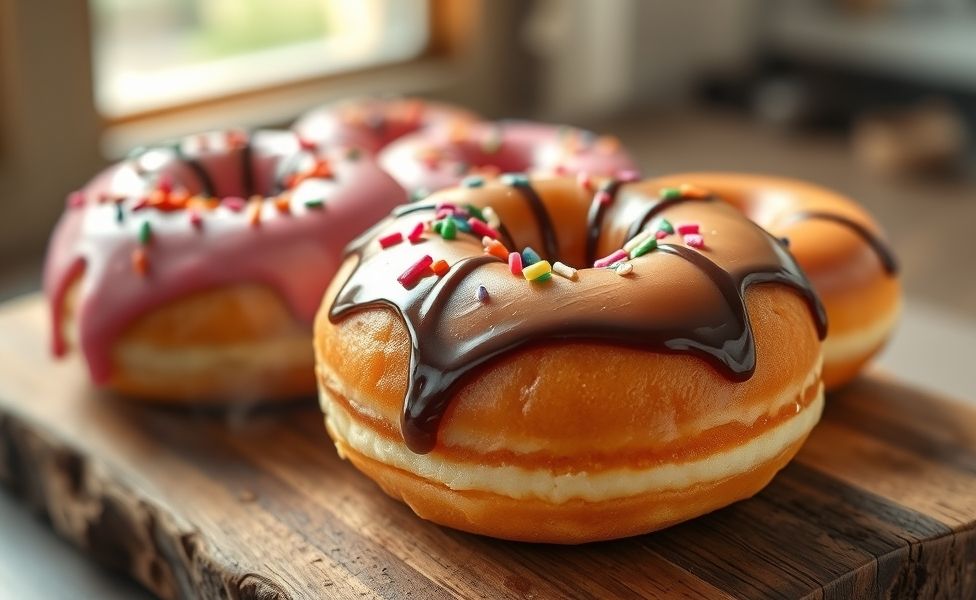 Donuts caseiros dourados com cobertura brilhante e confeitos coloridos, dispostos em tábua de madeira rústica
