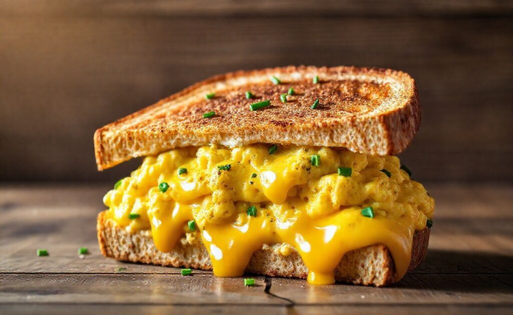 Egg Drop Sandwich cortado ao meio mostrando ovos cremosos com queijo derretido entre pão integral tostado, decorado com cebolinha fresca