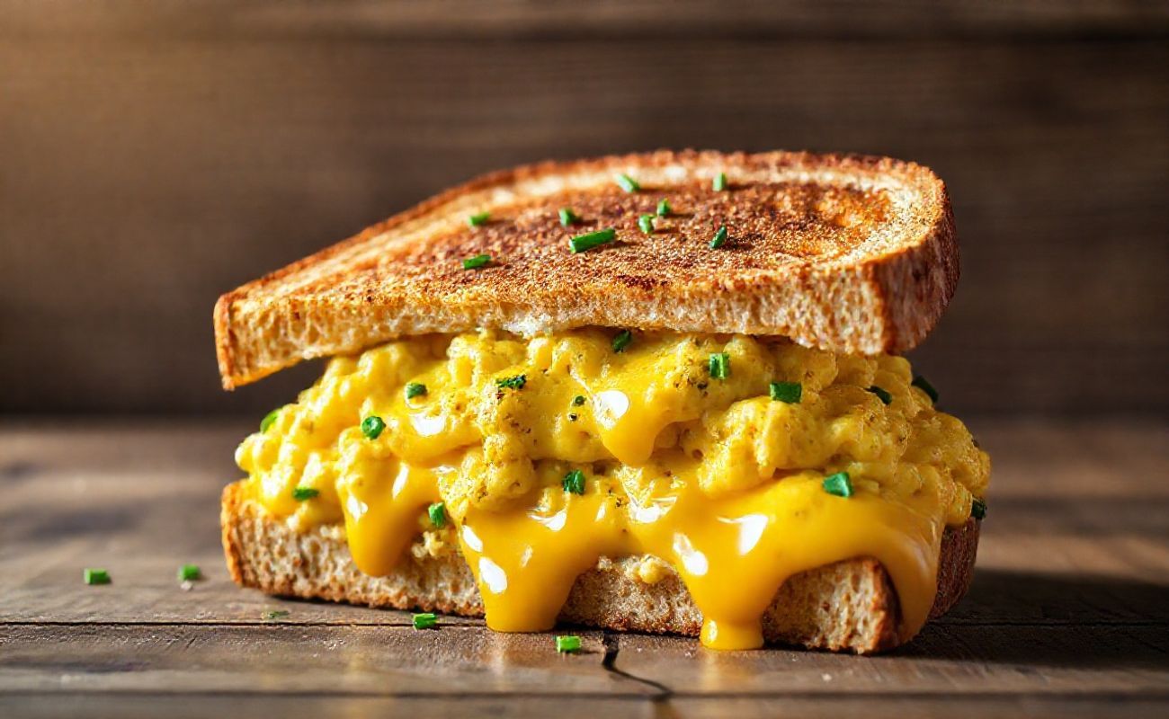 Egg Drop Sandwich cortado ao meio mostrando ovos cremosos com queijo derretido entre pão integral tostado, decorado com cebolinha fresca