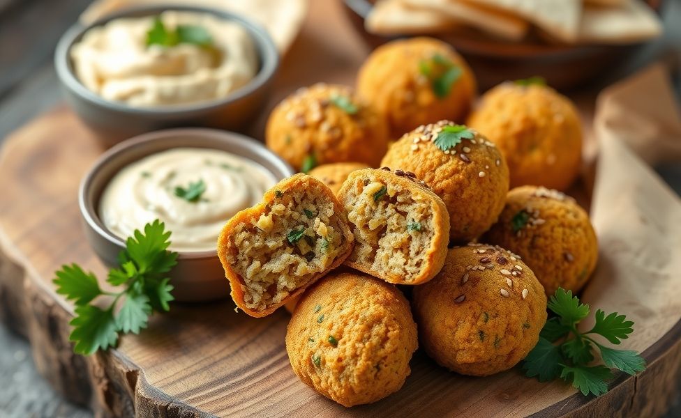 Falafel dourado servido em prato de madeira com homus e pão pita, mostrando textura crocante e interior macio