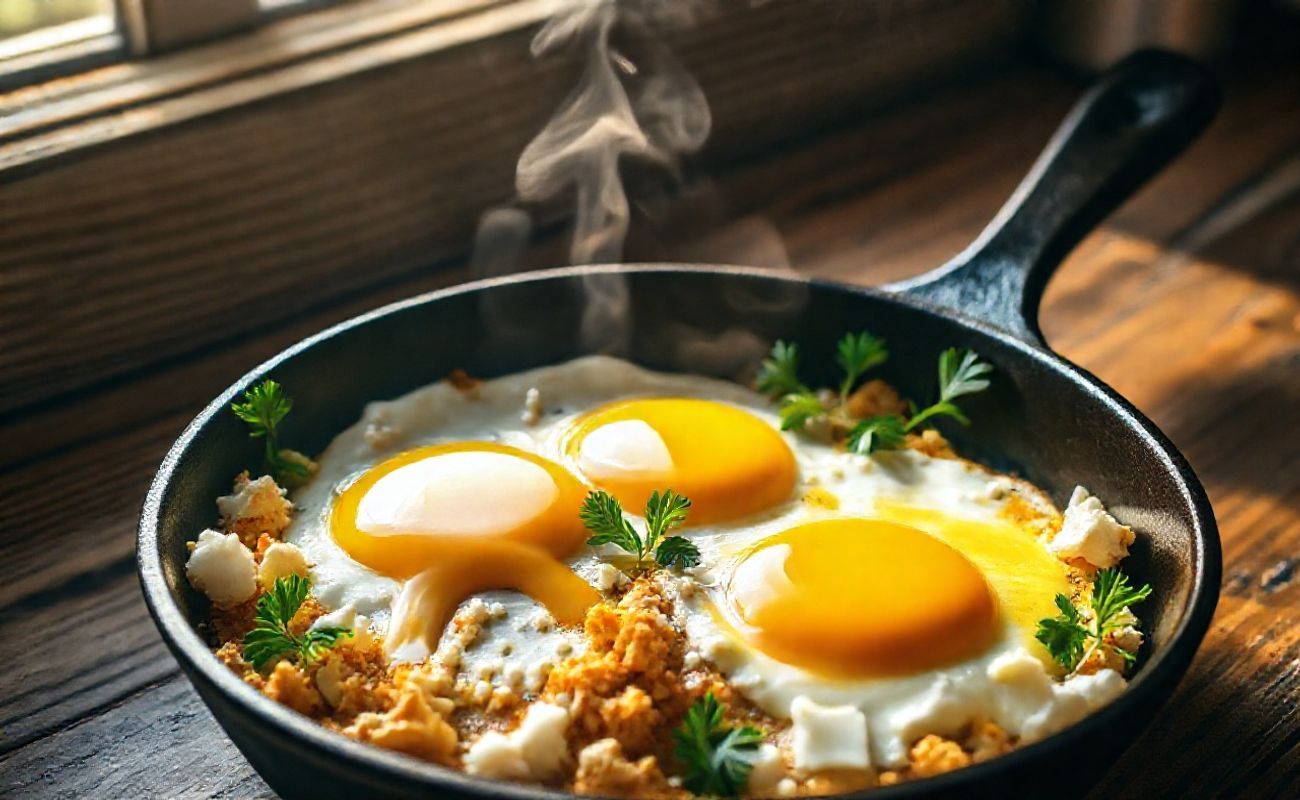 Feta Fried Eggs servidos em frigideira de ferro, com queijo feta dourado e crocante envolvendo ovos com gemas líquidas, decorados com salsa fresca