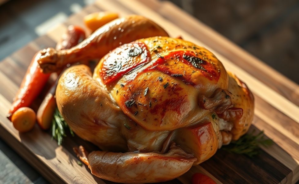 Frango Assado dourado com pele crocante sobre tábua de madeira, acompanhado de legumes assados e ervas frescas