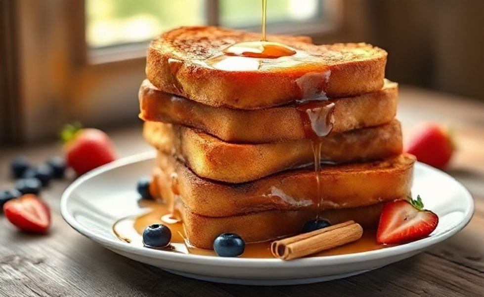 French Toast dourado servido em prato branco com maple syrup escorrendo, decorado com frutas vermelhas e canela em pau