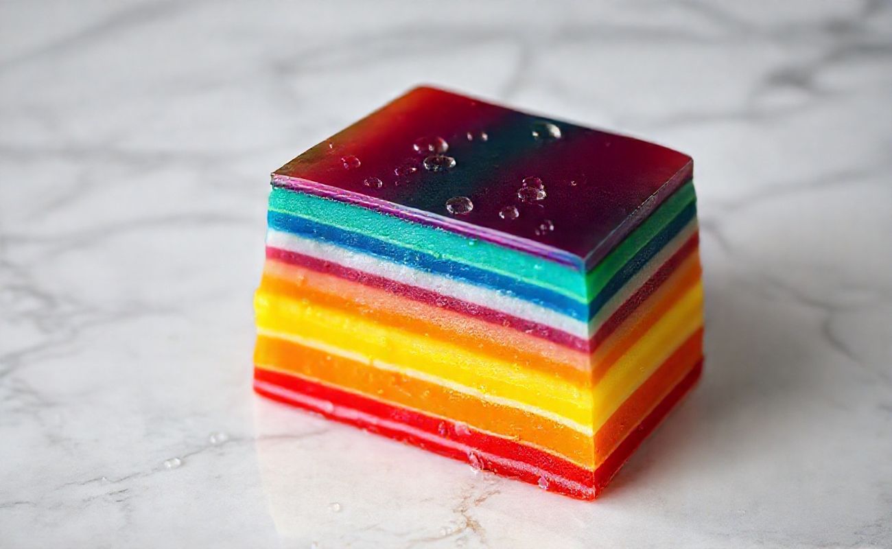 Gelatina Arco-Íris com camadas coloridas perfeitas em vermelho, laranja, verde, azul e branco, textura gelatinosa e brilhante