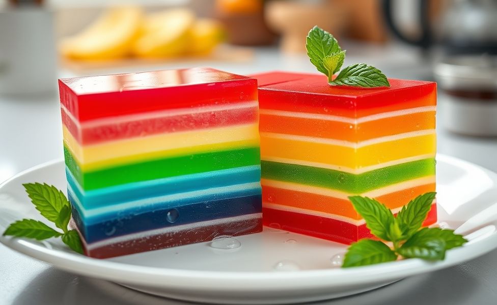 Gelatina Colorida em camadas perfeitas com cores vibrantes vermelho, verde, amarelo e azul, cortada em cubos