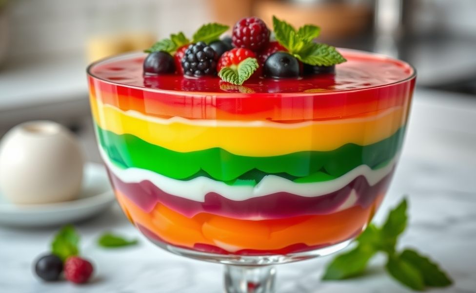 Gelatina Colorida em camadas multicoloridas servida em taça transparente, decorada com frutas vermelhas e hortelã
