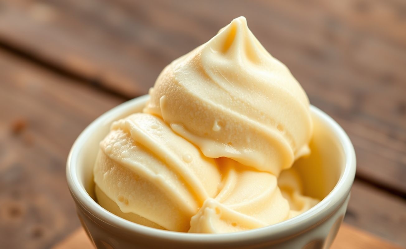 Gelato Italiano Viral cremoso servido em tigela cerâmica com textura sedosa e cor natural, decorado com fruta fresca