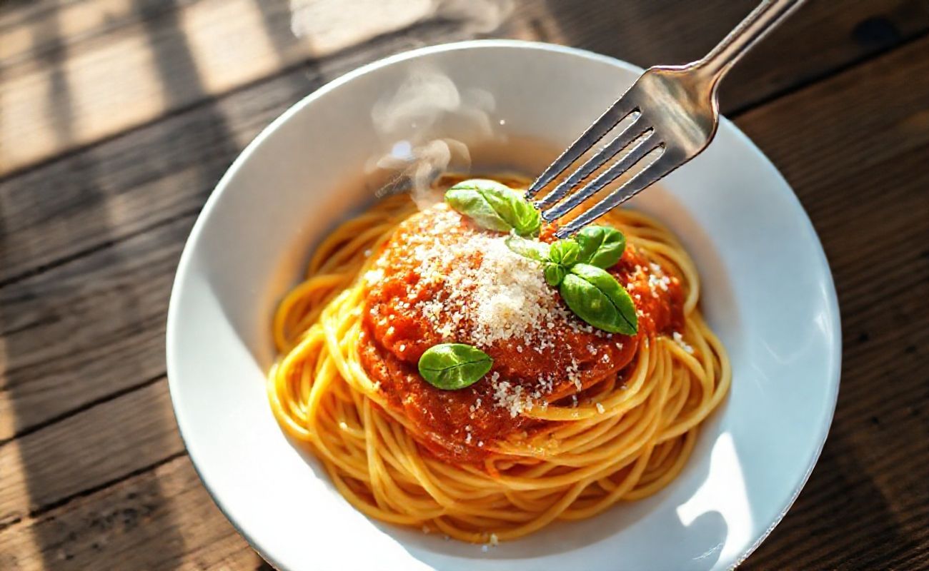 Gigi Hadid Pasta servida em tigela branca com molho cremoso de tomate e vodka, decorada com manjericão fresco e queijo parmesão