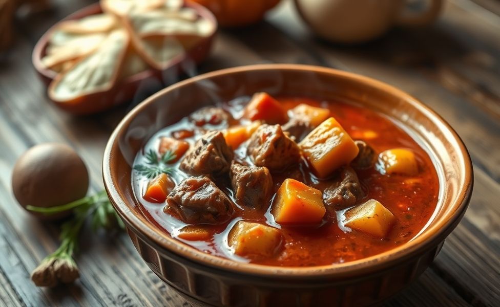 Prato de Goulash húngaro com carne macia, molho vermelho intenso e legumes, servido em bowl cerâmico sobre mesa rústica