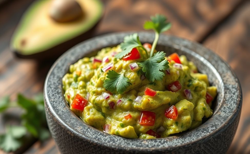 Guacamole tradicional servido em molcajete de pedra com textura cremosa, pedaços de abacate, tomate vermelho e cebola roxa visíveis