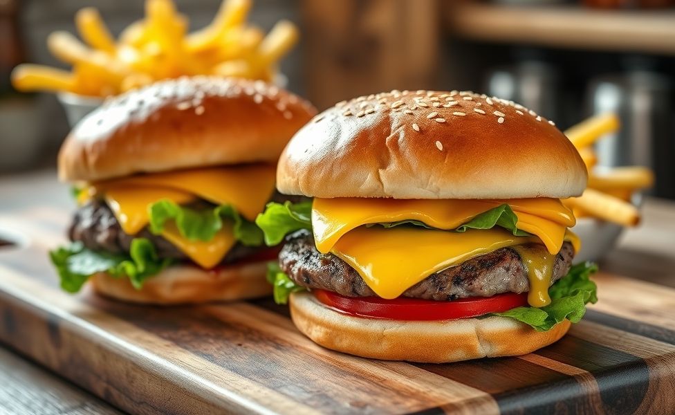 Hambúrguer Caseiro com queijo derretido, servido em pão com gergelim e acompanhado de batatas fritas douradas