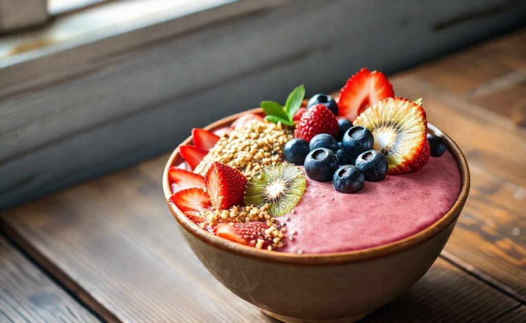 Healthy Smoothie Bowls coloridos com morangos, blueberries e granola em bowl de cerâmica, textura cremosa e crocante
