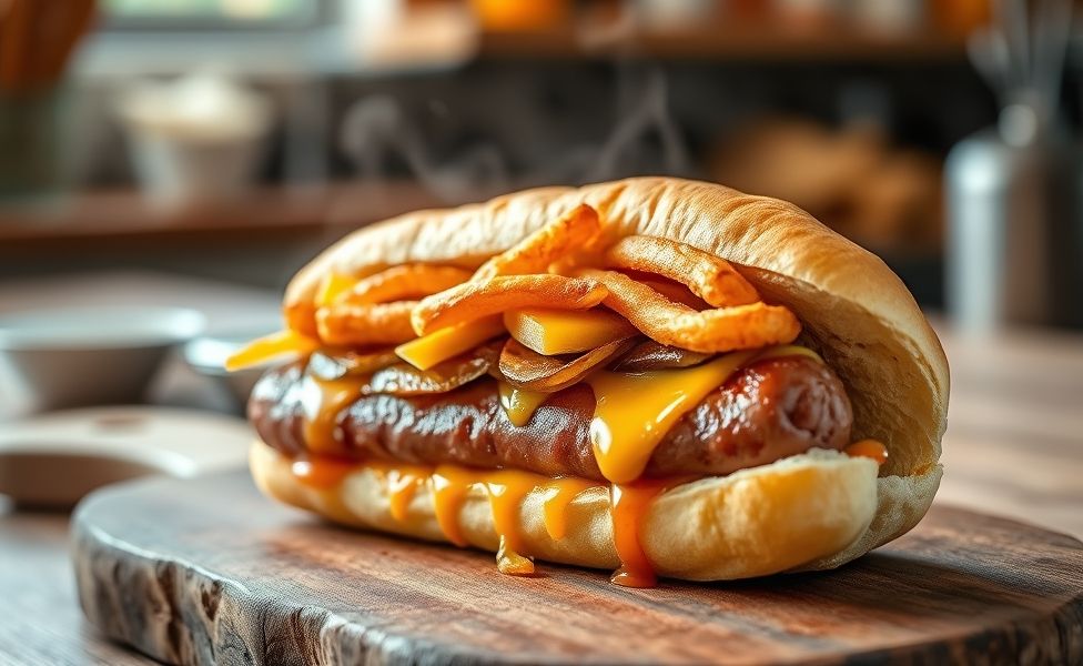 Hot Dog gourmet com salsicha suína, cebola caramelizada, queijo derretido e molho especial servido em pão tostado