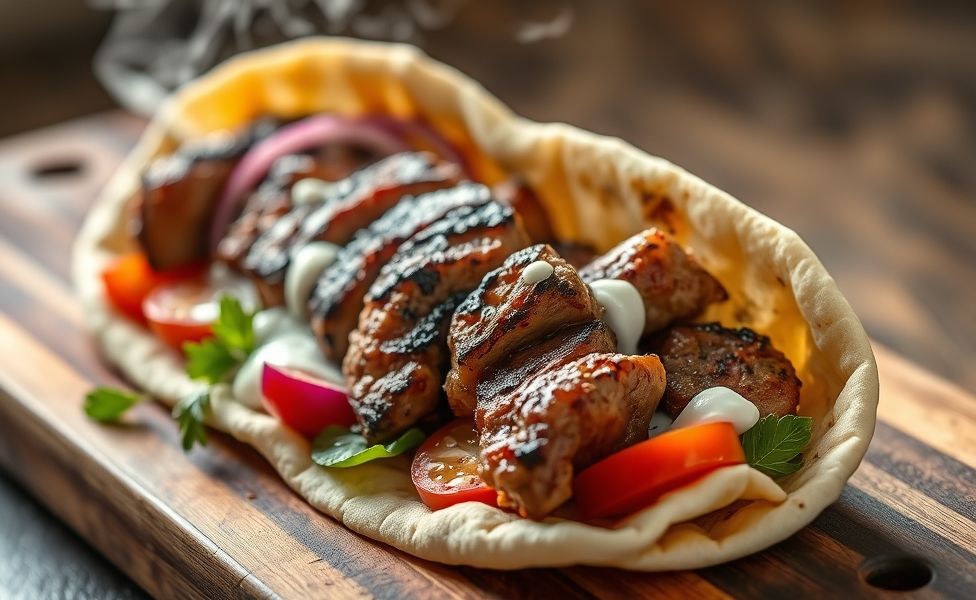 Kebab tradicional servido em pão árabe com carne grelhada, vegetais frescos e molho de iogurte, sobre tábua de madeira