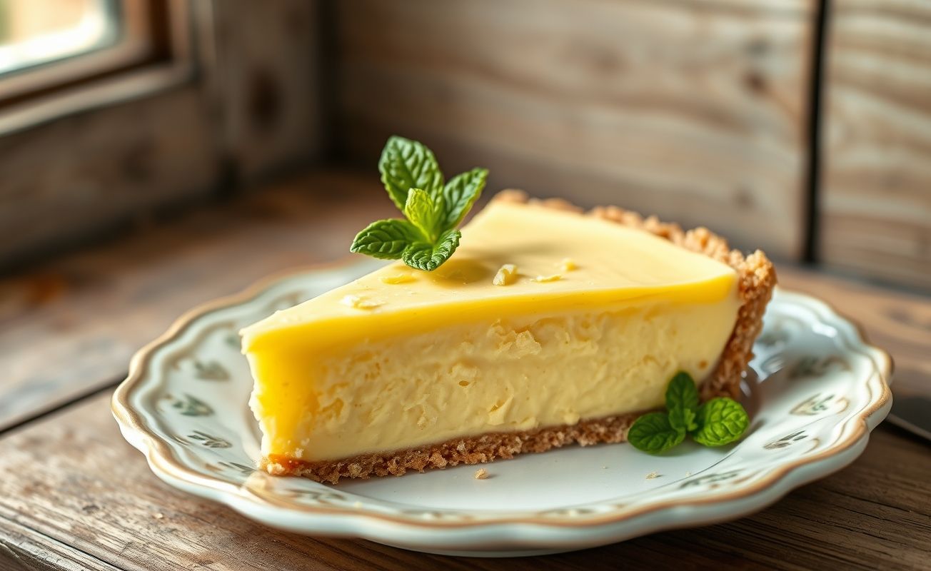 Fatia de Key Lime Pie mostrando recheio amarelo cremoso e base crocante de biscoito, decorada com raspas de limão em prato branco